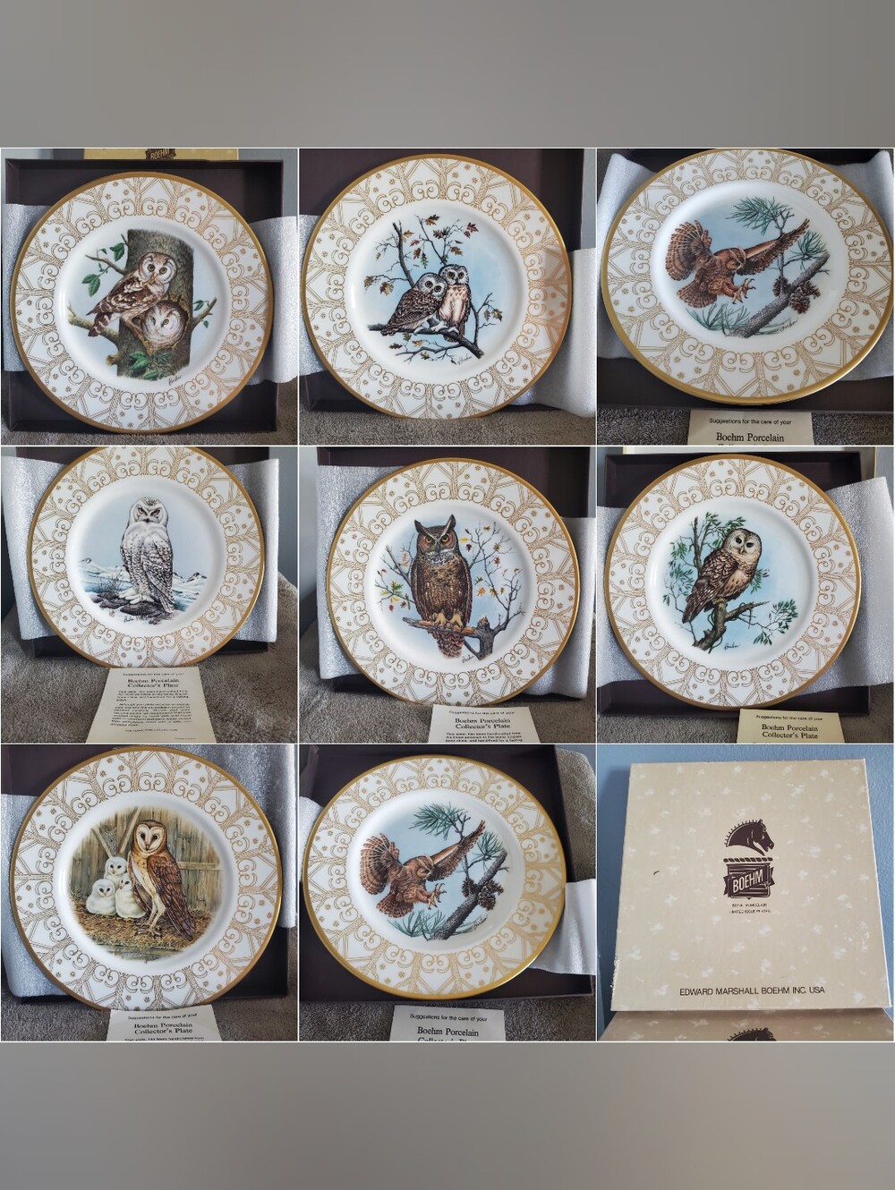 Vintage 80s Edward Marshall Boehm Owl Plate Collection Complete Set Of 8 Boxed